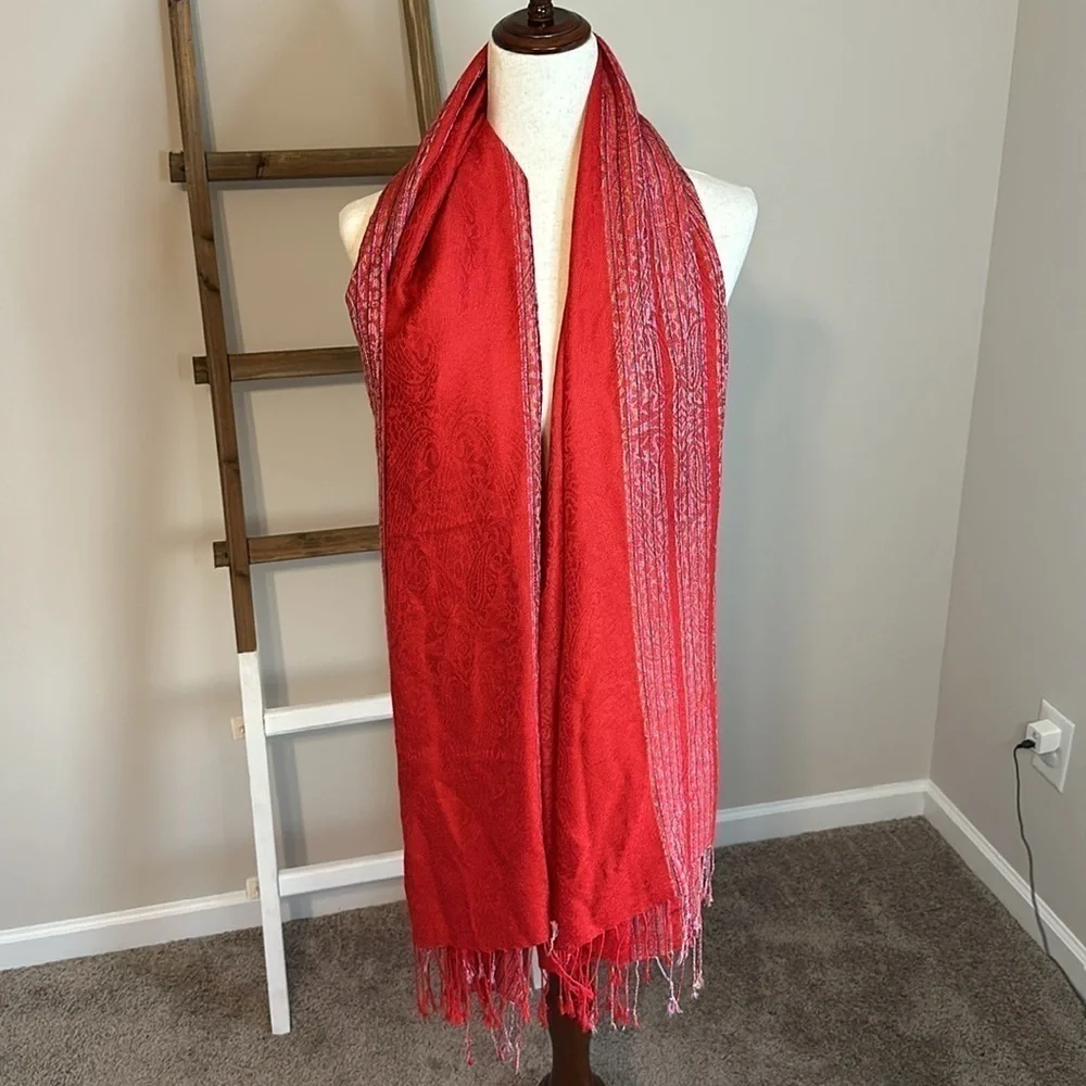Soft Red Scarf with Striping and Fringe- Viscose and Acrylic Blend